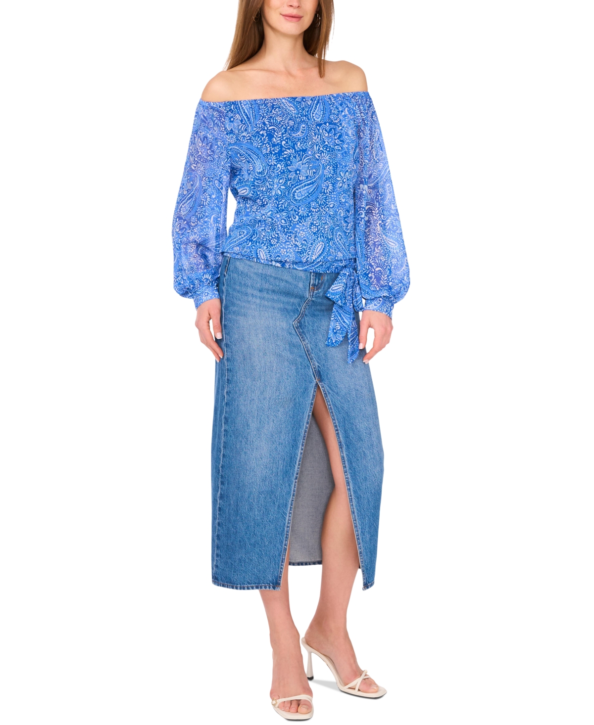 VINCE CAMUTO WOMEN'S PAISLEY-PRINT OFF-THE-SHOULDER LONG-SLEEVE TIE-FRONT BLOUSE 