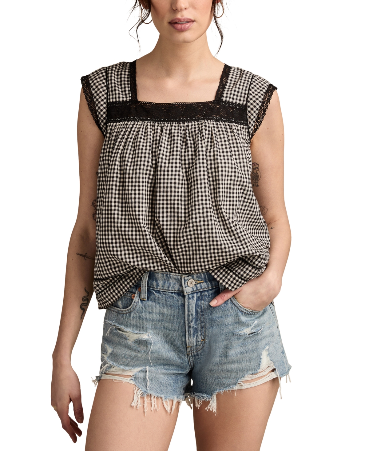 Women's Cotton Lace-Trim Gingham Tank Top - Black Gingham