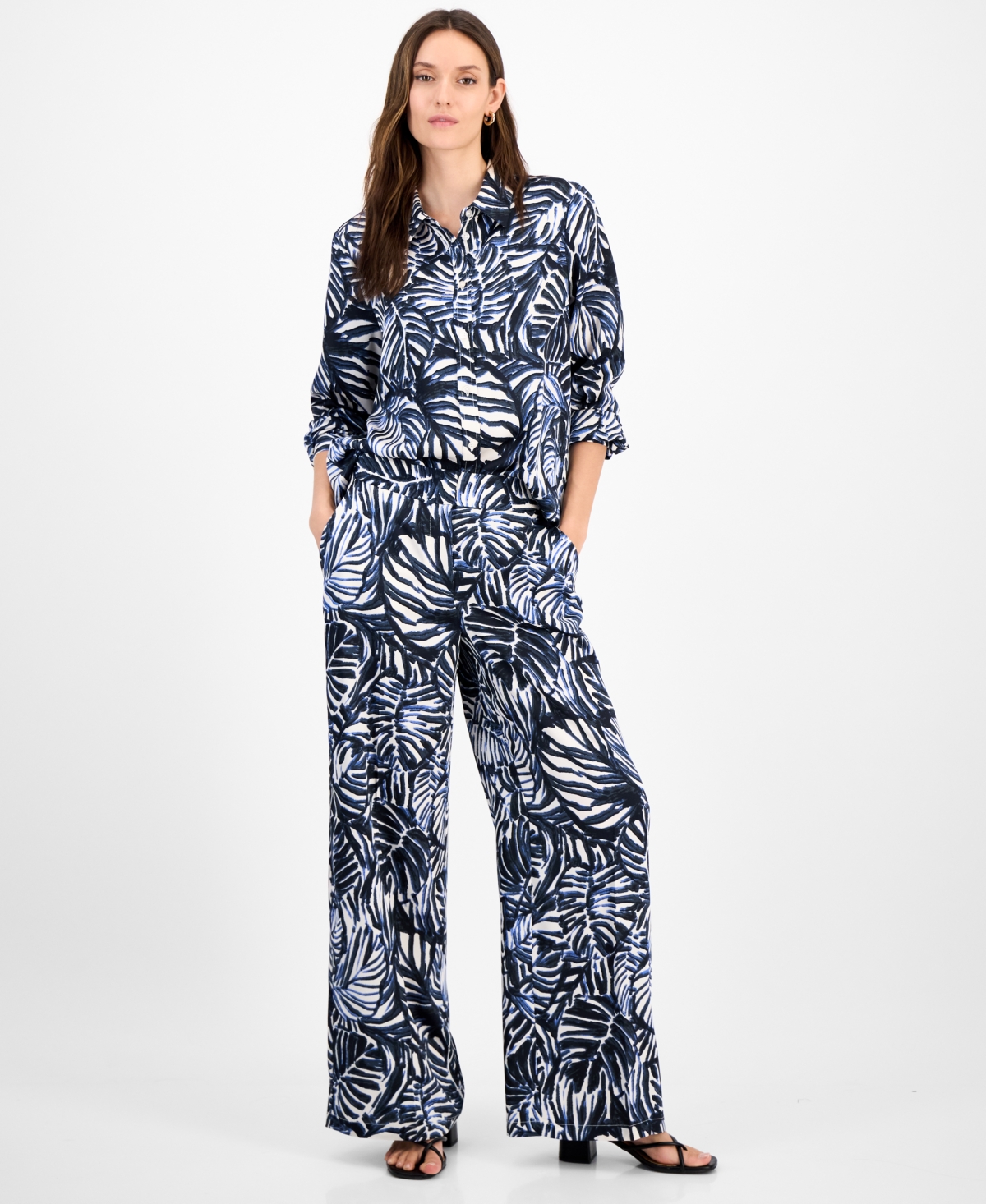 Women's Printed High-Rise Wide-Leg Pants - Navy Palm
