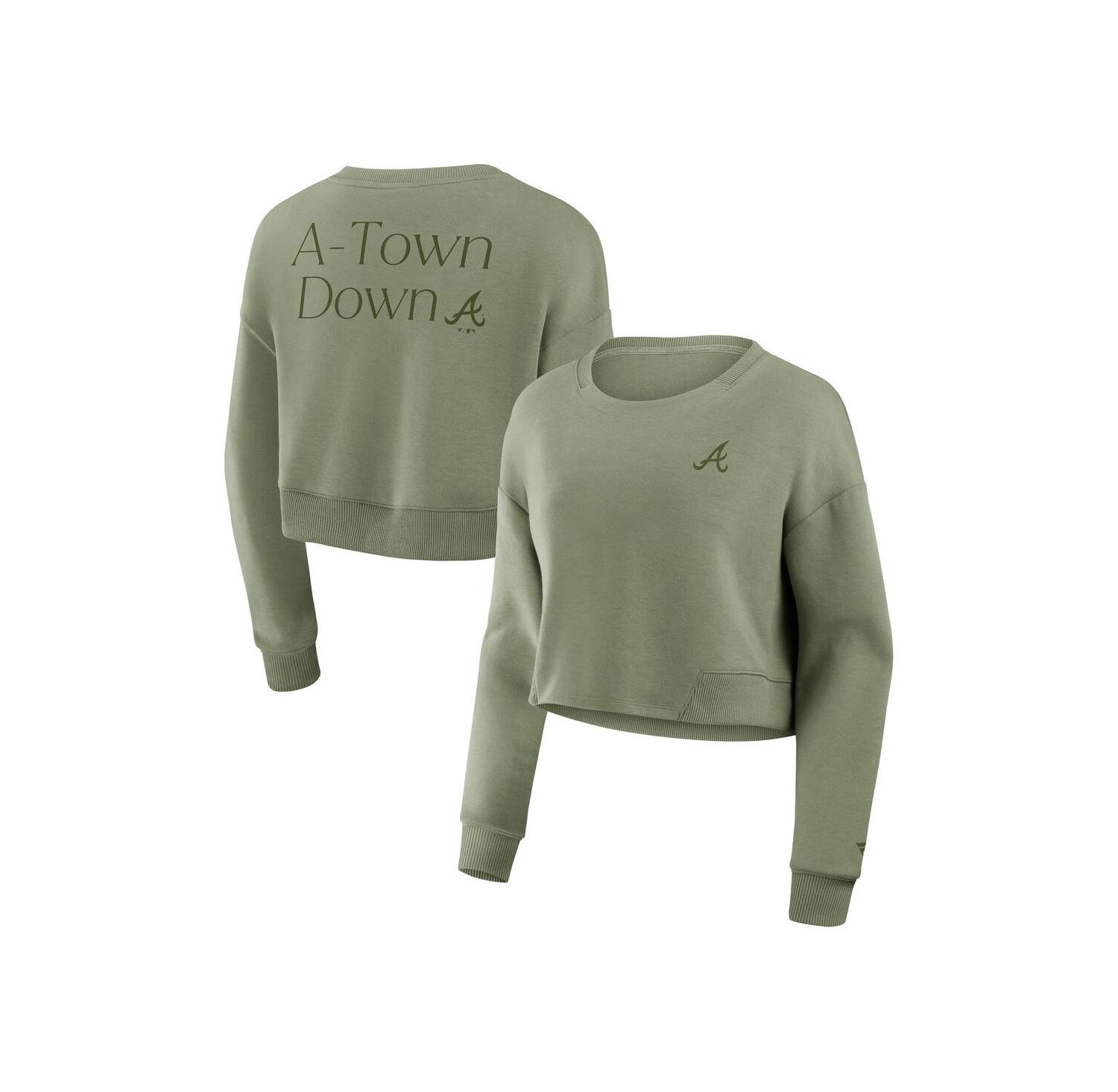 Women's Olive Atlanta Braves Relax Studio Cropped Pullover Sweatshirt
