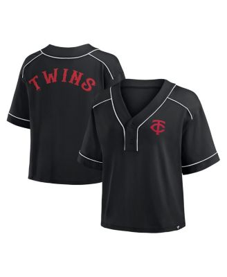 Fanatics - Women's Black Minnesota Twins Oversized Champ Game Cropped V-Neck T-Shirt