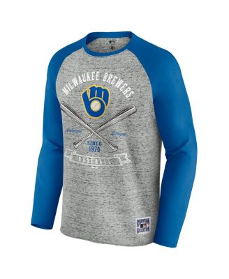 Men's Heather Gray Milwaukee Brewers Raw Edge Raglan Long Sleeve Baseball T-Shirt