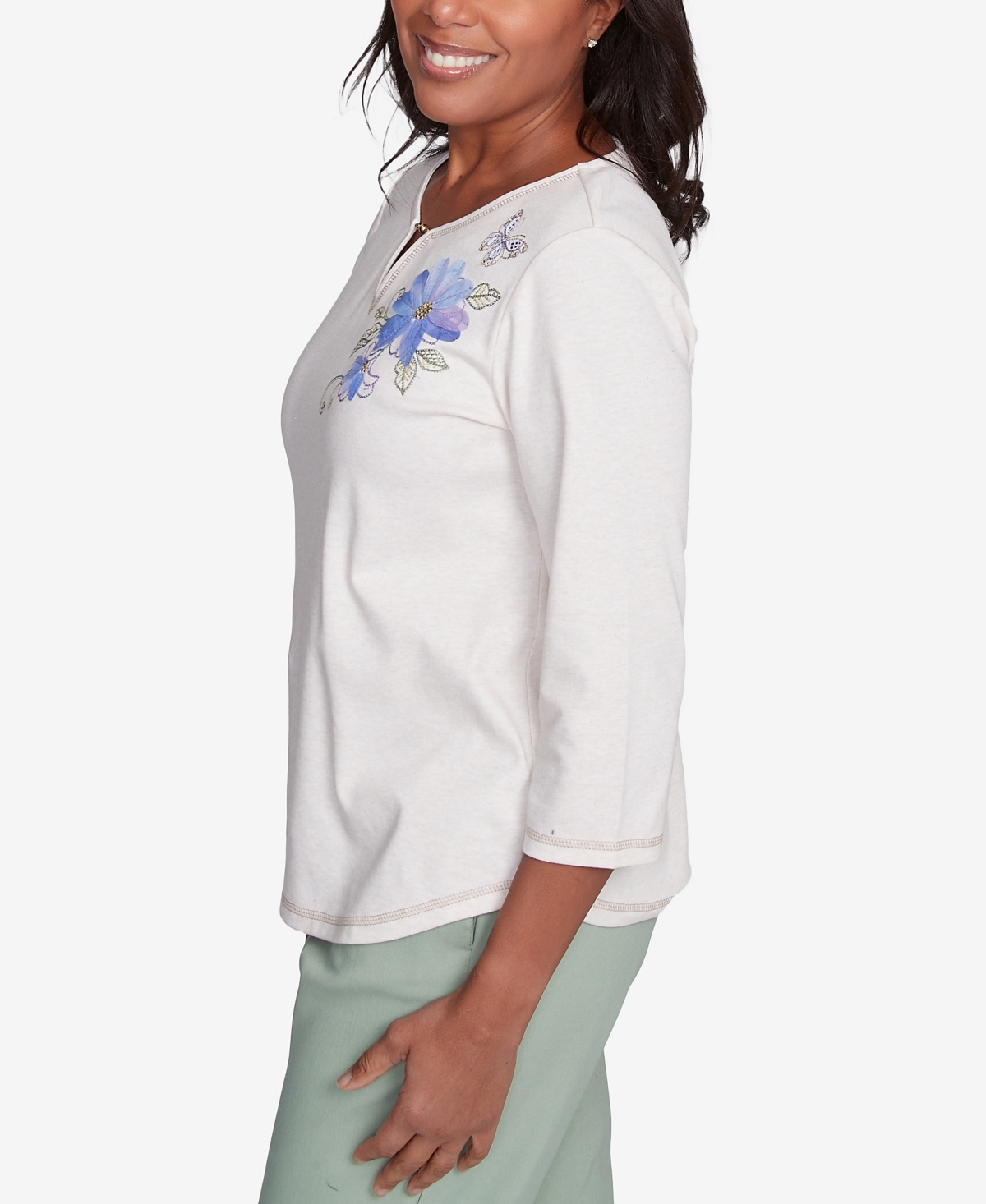 Alfred Dunner Petite Asymmetric Butterfly Floral Embroidered Top In White