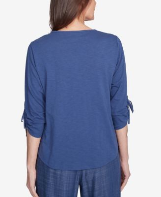 Petite Summer Solstice Embroidery Centered Tie Sleeve Top