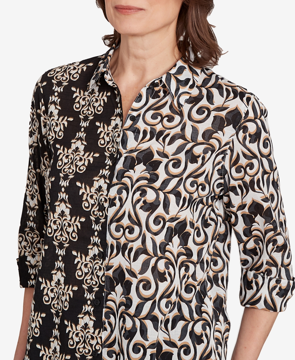 Alfred Dunner Petite Medallion Twin Print Button Front Top In Black Multi