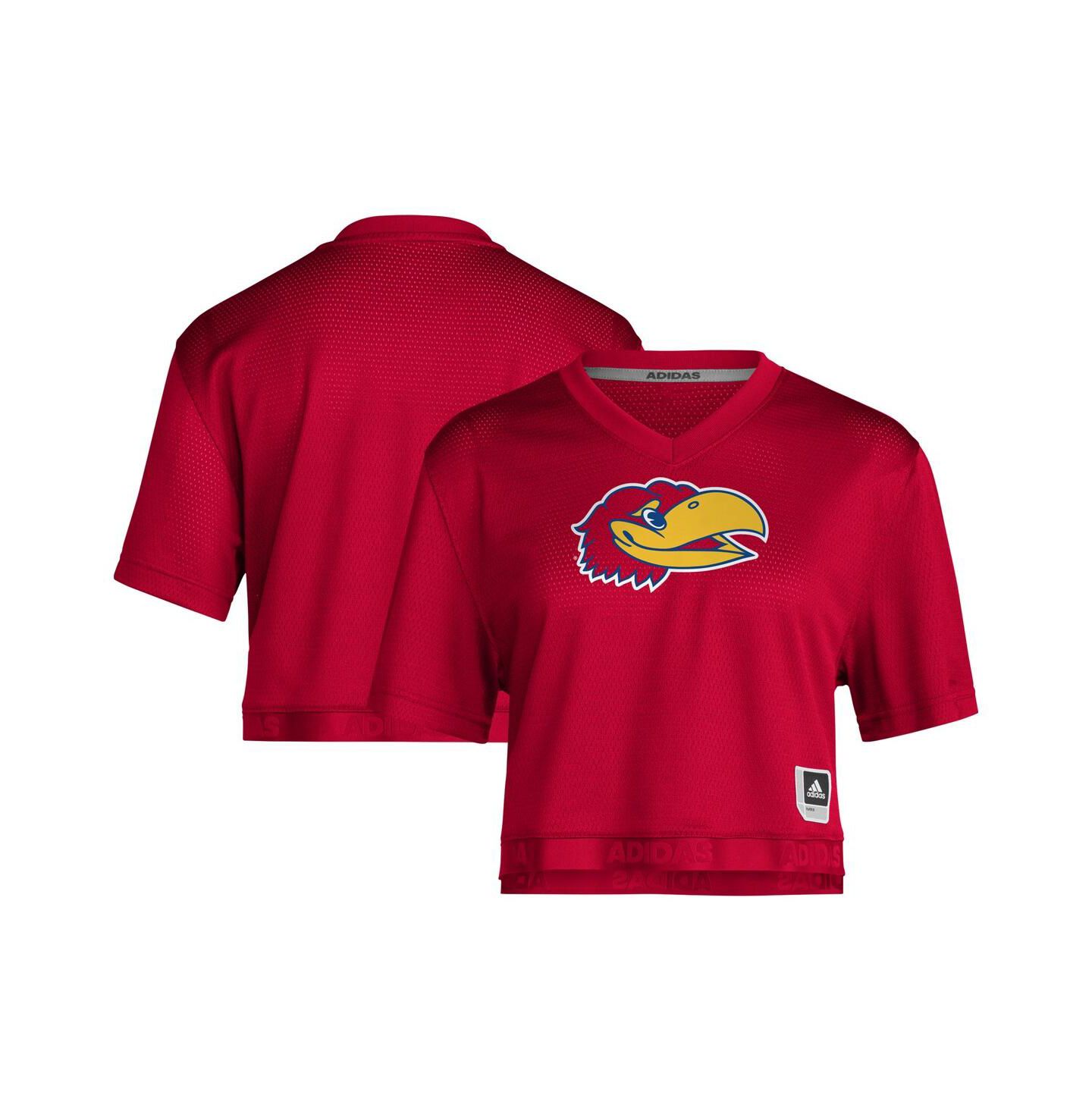 Женский топ adidas Red Kansas Jayhawks Primegreen V-Neck Cropped Jersey — фото 1
