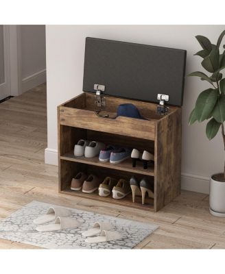 Shoe bench with shelves, natural wooden shoe rack with 3 storage compartments, Entryway Bench