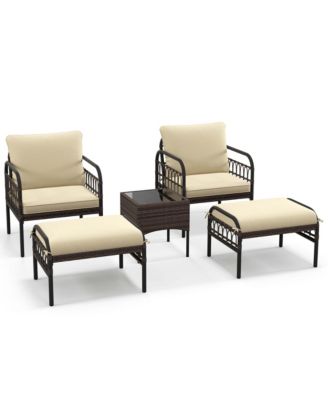 5 PCS Patio Conversation Set Outdoor Wicker Chair Set with Ottomans & Coffee Table