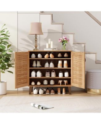 4-Tier Shoe Cabinet with Ventilated Woven Doors – 2-Door Organizer for Home Entryway or Closet