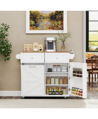 Rolling Kitchen Island with Trash Can Cabinet and Rubber Universal Wheels