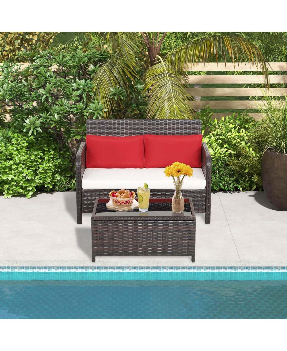 2PCS Patio Rattan Furniture Set Cushioned Loveseat Table Garden Deck