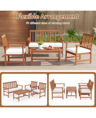 4-Piece Acacia Wood Patio Conversation Set Outdoor Furniture Set w/ 2 Armchairs