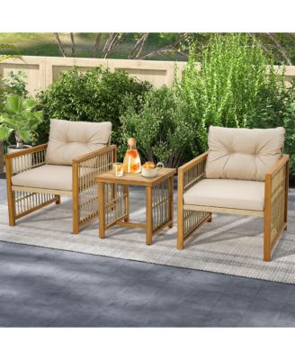 3PCS Patio Acacia Wood PE Wicker Furniture Set w/ Soft Seat & Back Cushions
