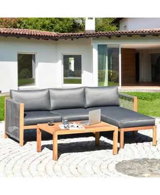 3PCS Patio Sofa Furniture Set Thick Cushion Acacia Wood