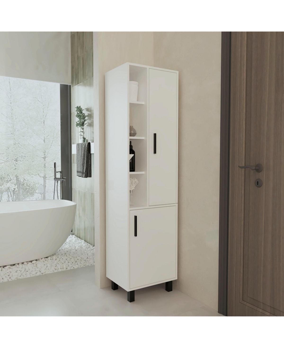 Pinal Linen Cabinet with Open Storage and 2 Doors, White - White