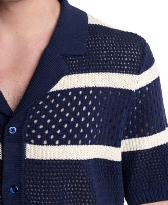 Men's Slim Fit Short Sleeve Striped Crochet Cardigan Sweater