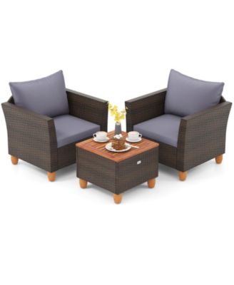 3 PCS Outdoor Patio Rattan Bistro Furniture Set Wooden Table Top Cushioned Sofa