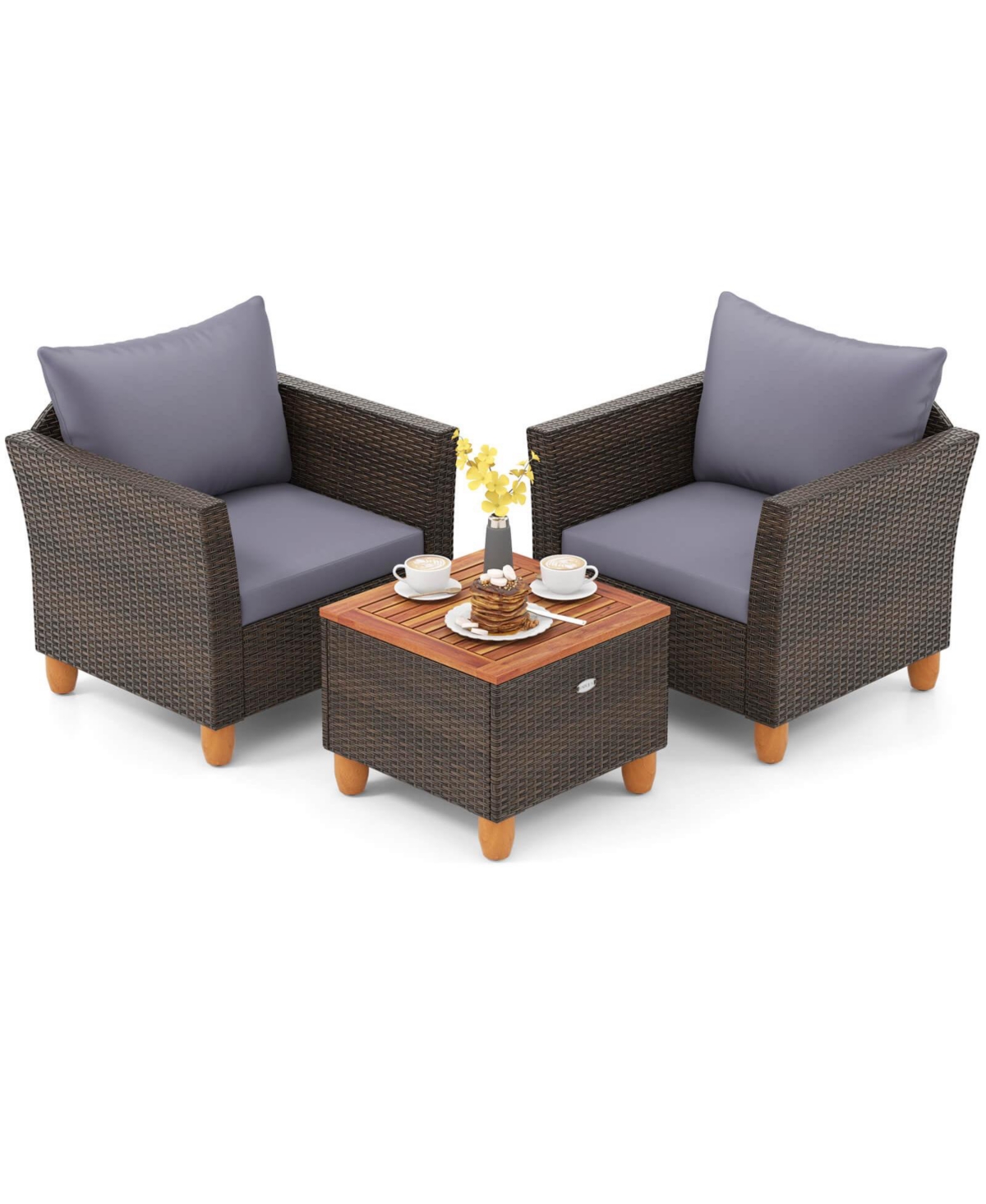 3 Pcs Outdoor Patio Rattan Bistro Furniture Set Wooden Table Top Cushioned Sofa