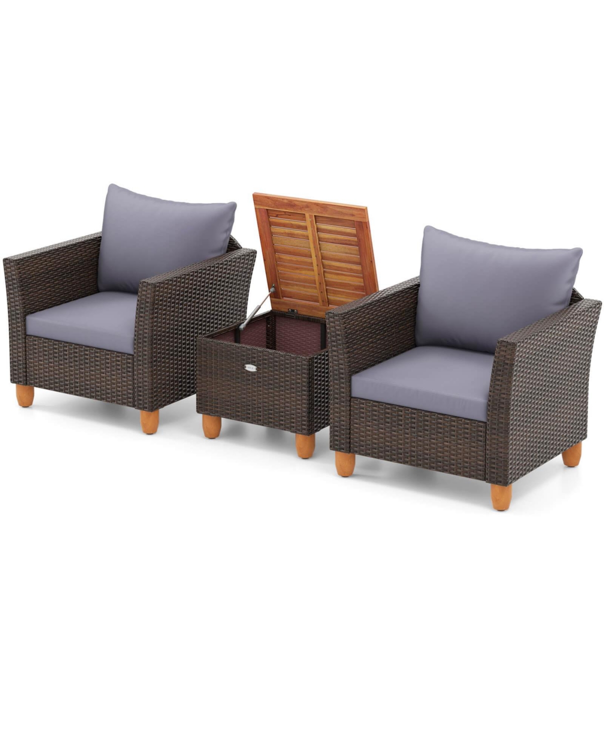 3 Pcs Outdoor Patio Rattan Bistro Furniture Set Wooden Table Top Cushioned Sofa