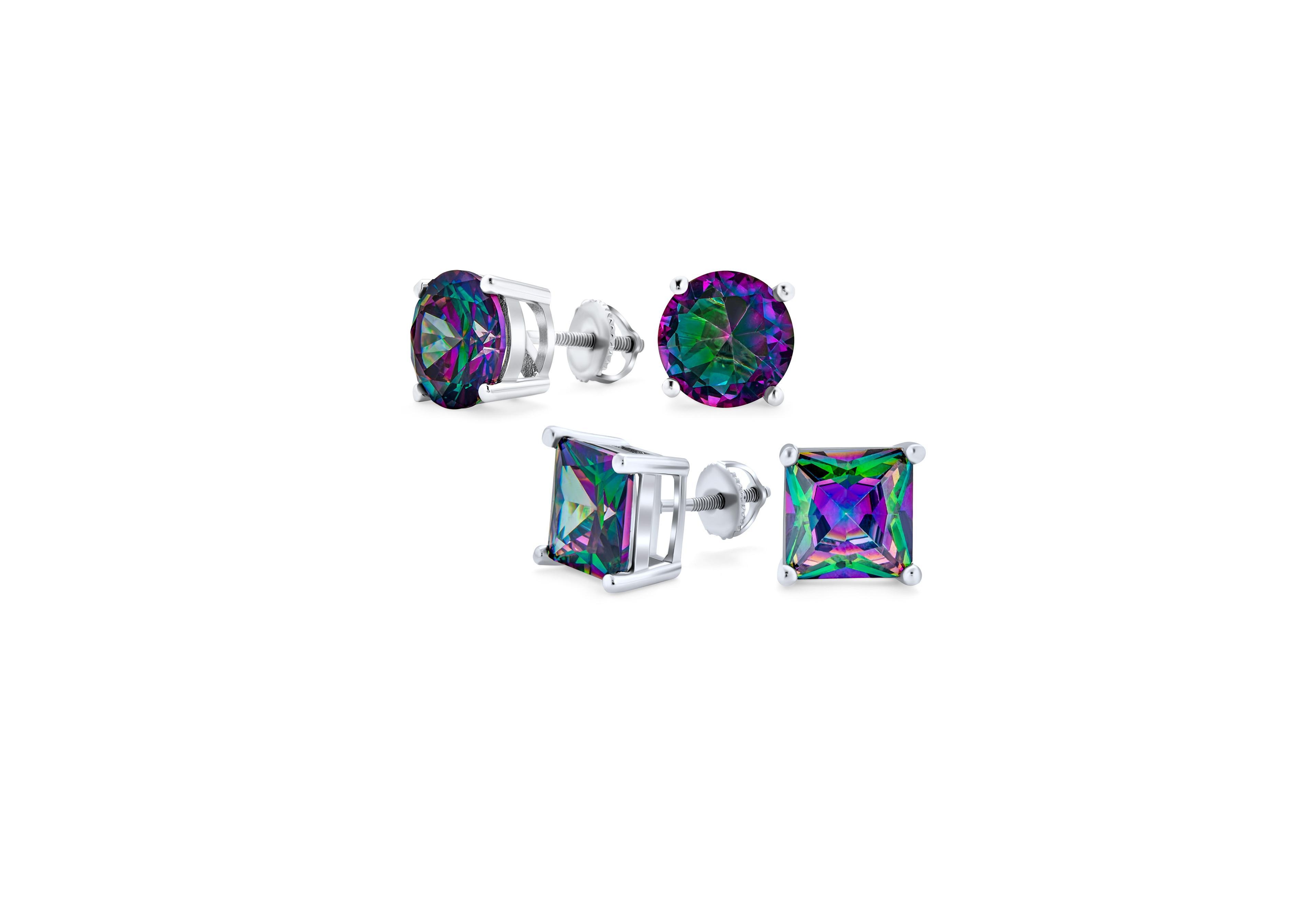 Bling Jewelry Set of 2 Round & Square Black Mystic Rainbow Cz Stud Earrings Sterling Silver