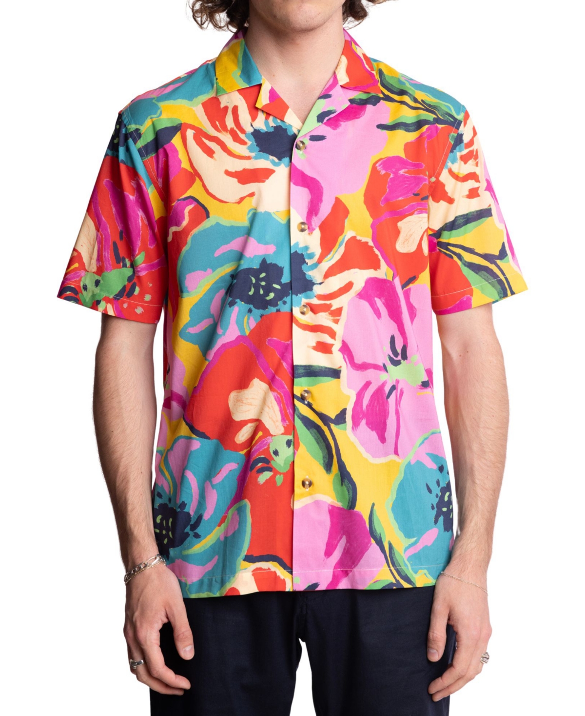 Men's Slim Fit Short Sleeve Floral Print Button Front Camp Shirt - Abstract Pop Multi