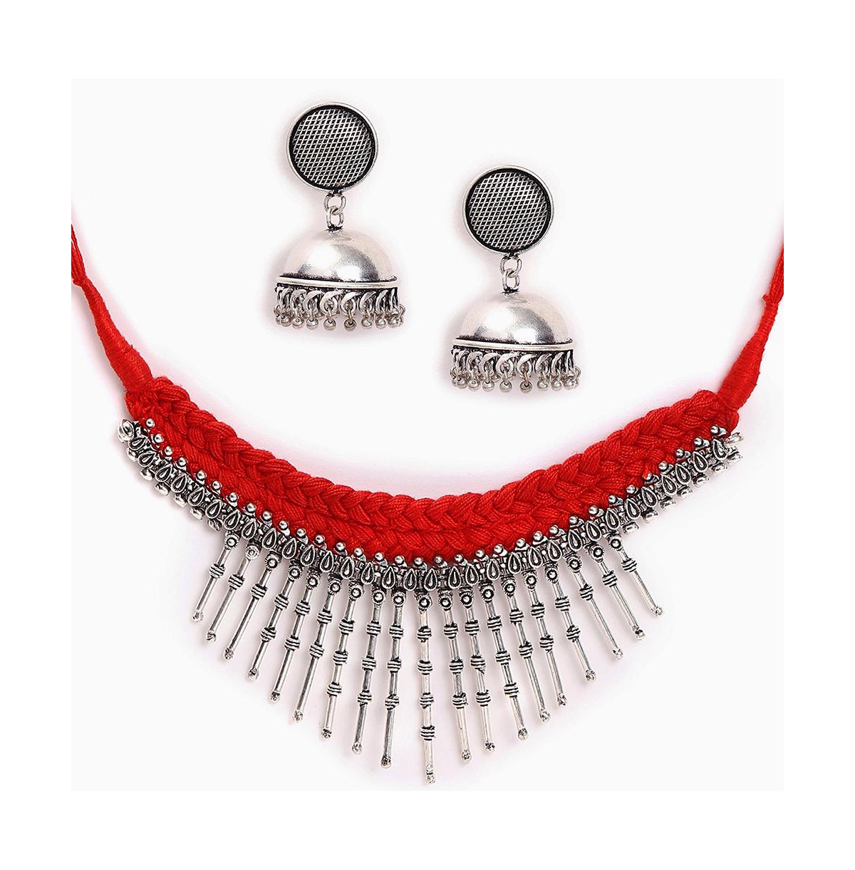 Sohi Women's Silver Plated Designer Jewellery Set In Red