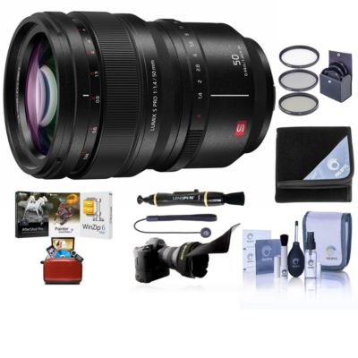 LUMIX S PRO 50mm f/1.4 Lens for L Mount, Bundle with 77mm Filter Kit, Flex Lens Shade, Lens Cleaner, Lens Wrap, Cap Tether, Cleaning Kit,