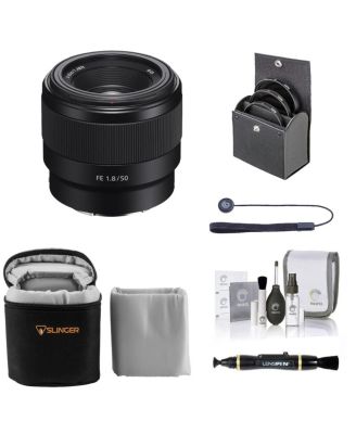 FE 50mm f/1.8 Lens for Sony E, Bundle with 49mm Filter Kit, Lens Case, Lens Cleaner, Cleaning Kit, Lens Cap Tether