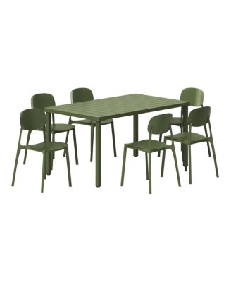 7-Piece Outdoor Rectangular Metal Patio Dining Table Set With Mid-Century Modern Stackable Patio Side Chairs