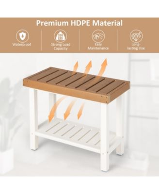 2-Tier HDPE Shower Chair with Storage Shelf and Anti-slip Foot Pads for Bath Spa-Brown