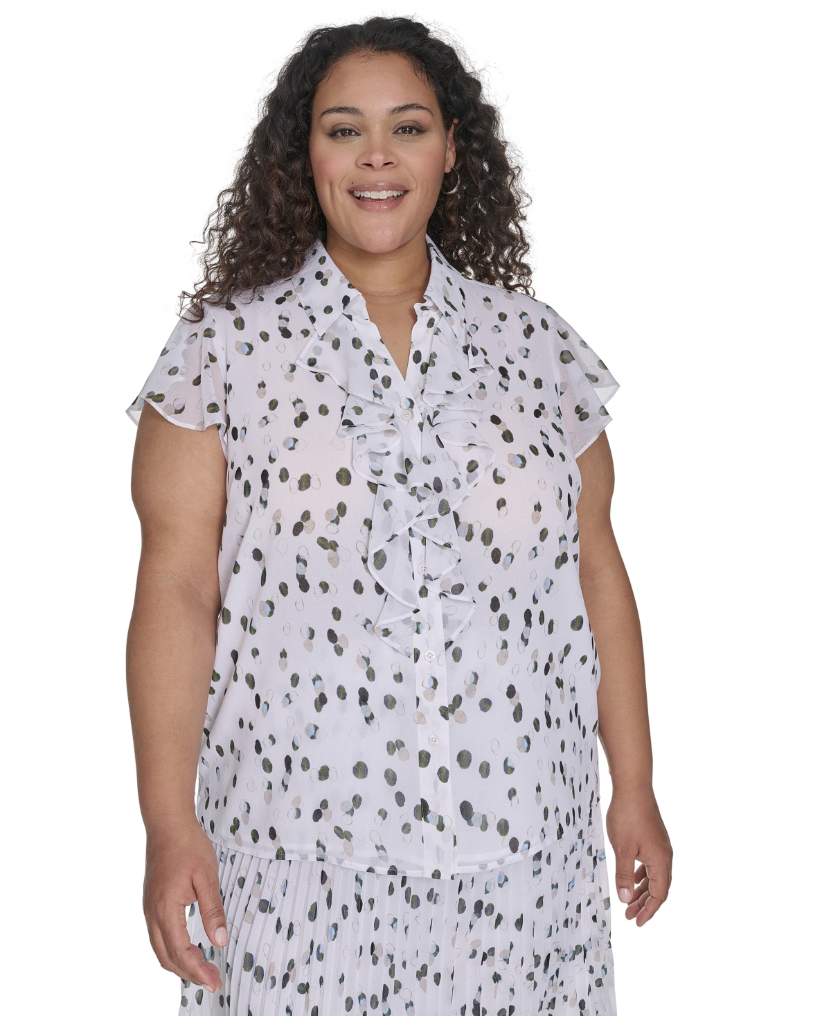 Plus Size Dot-Print Ruffled Blouse - White Multi
