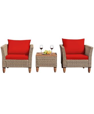 3PCS Patio Rattan Bistro Furniture Set Wood Table Top Cushion Sofa