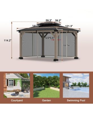 12 ft. x 10 ft. Outdoor Fir Solid Wood Frame Patio Gazebo Canopy Shelter with Galvanized Steel Hardtop Roof Pavilion