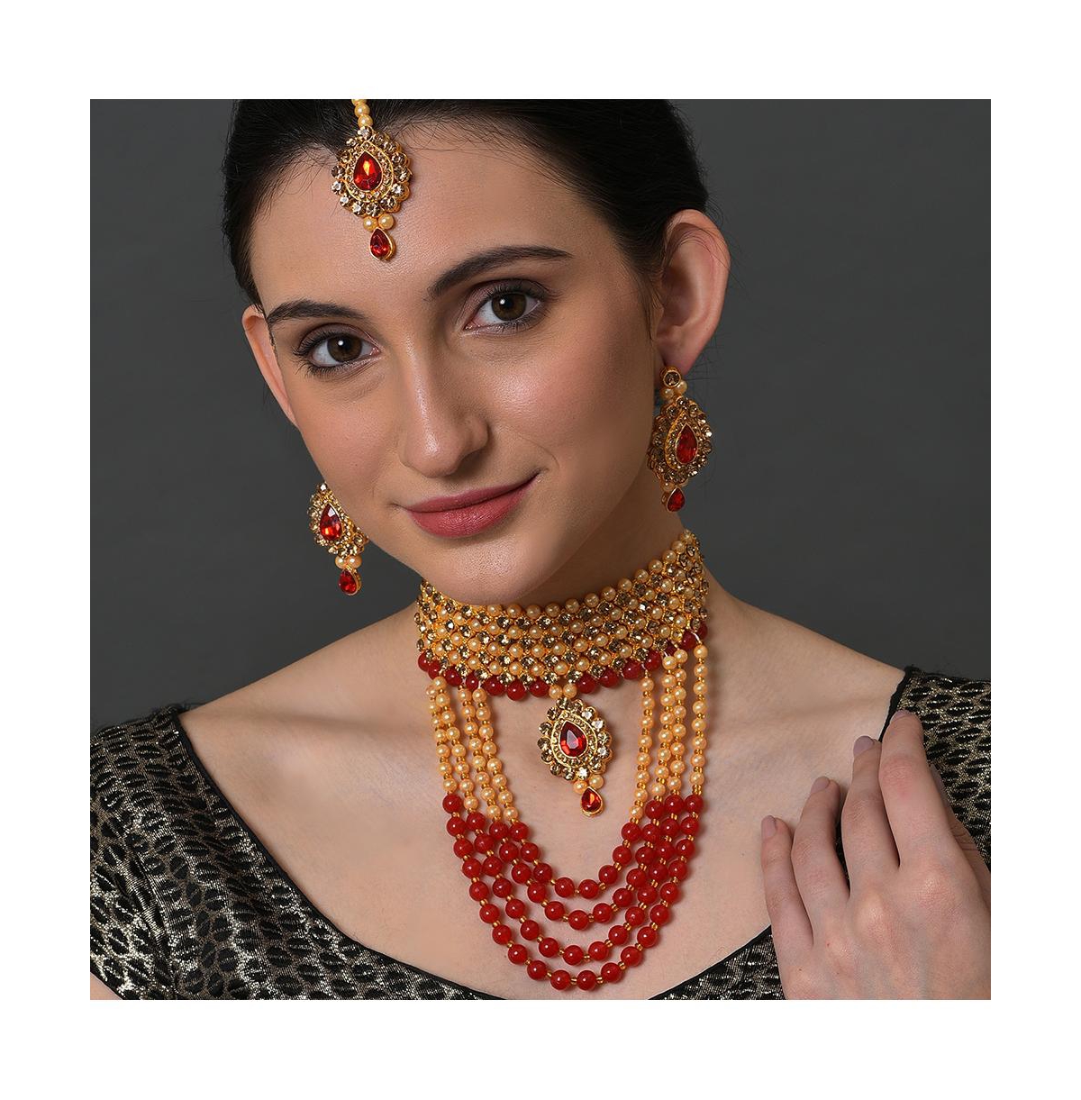 Sohi Kundan Gold Plated Necklace Set In Red