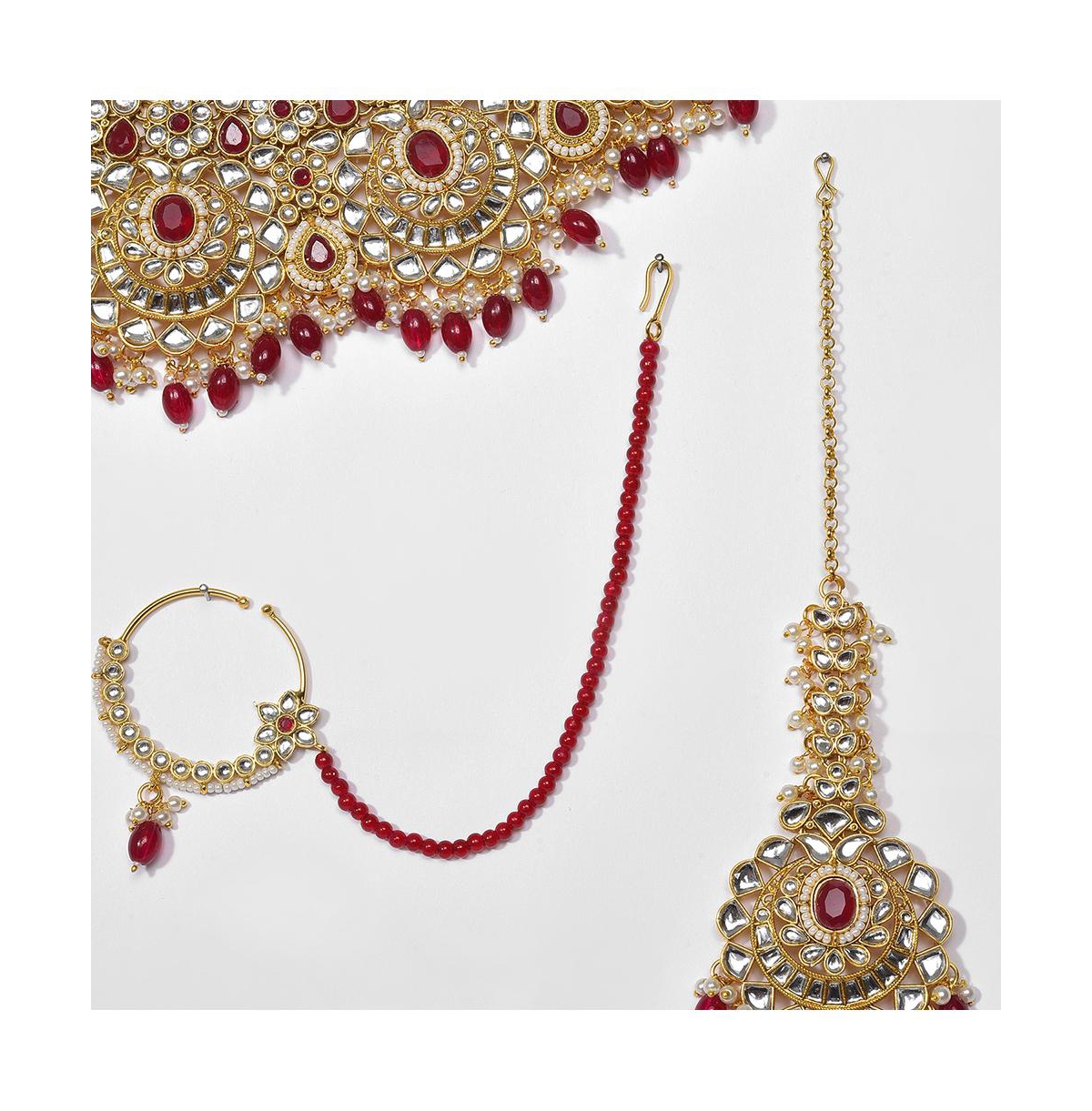 Sohi Multi Color Kundan Gold Plated Necklace Set In Red
