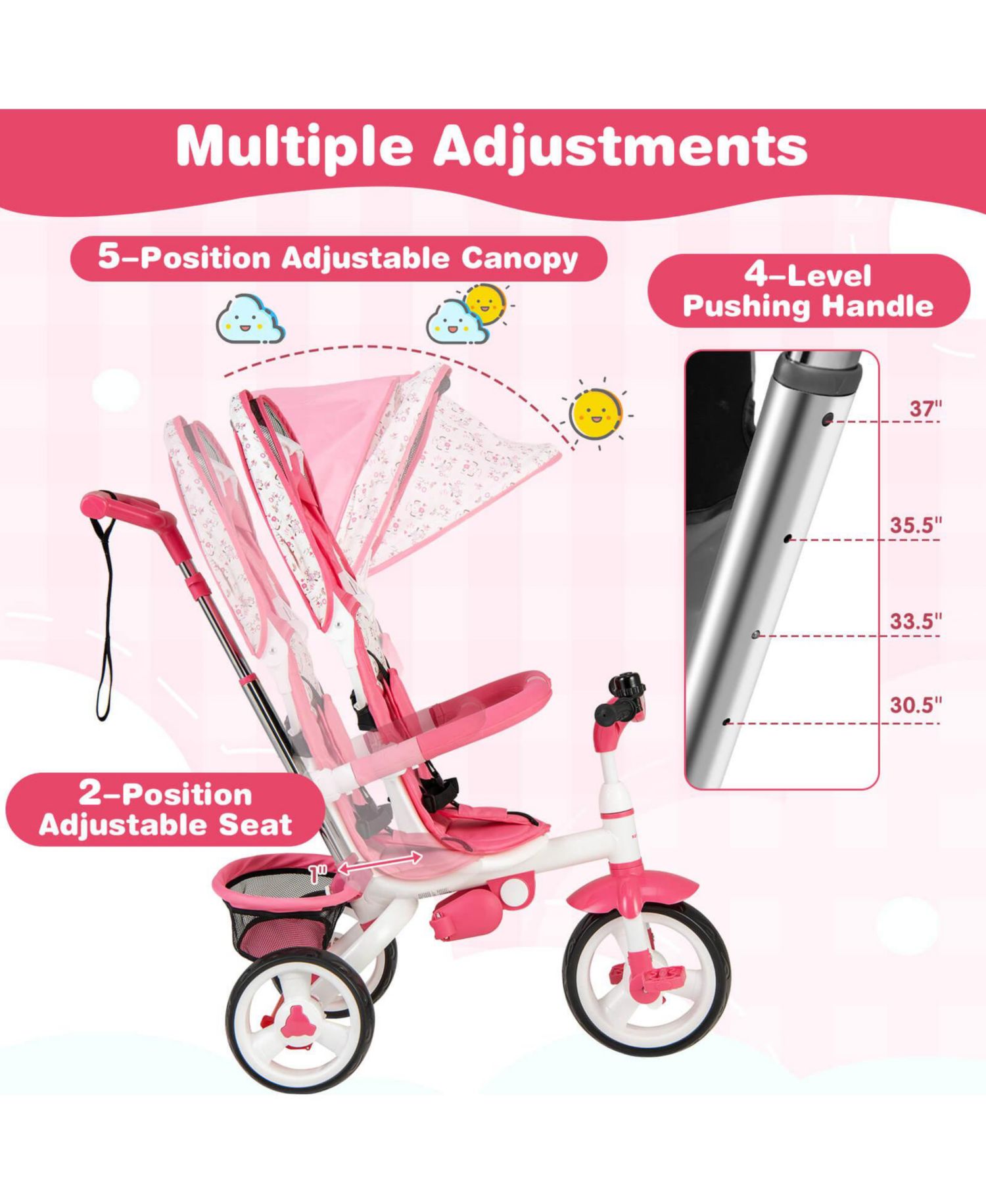 Baby Tricycle Stroller 6-in-1 Kids Push Trike with Removable