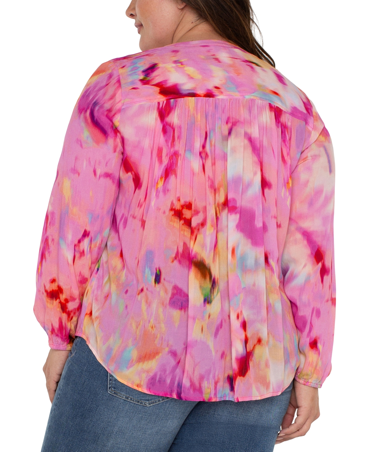 Liverpool Los Angeles Watercolor Shirred Long Sleeve Chiffon Button-up Top