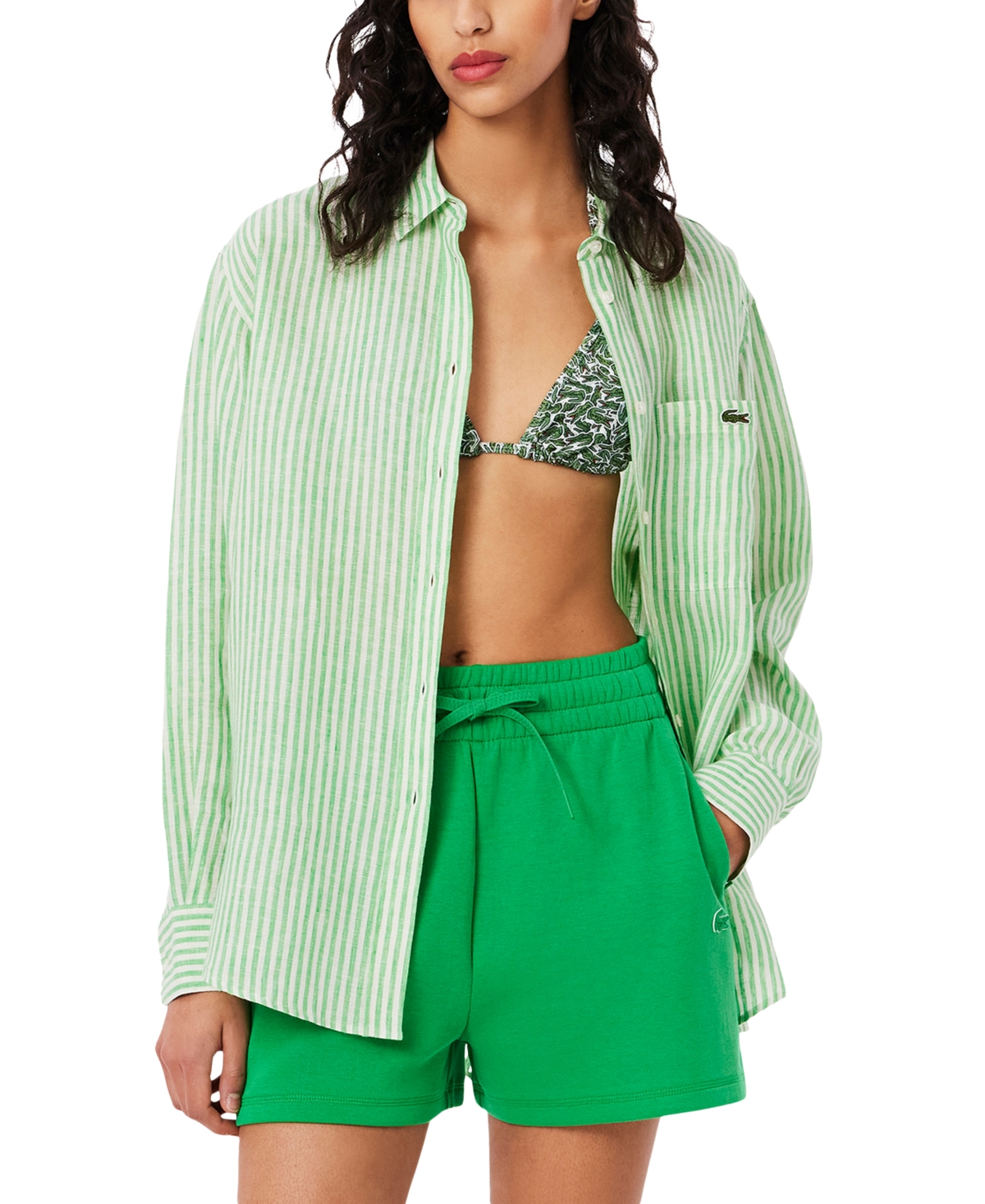 Women's Linen Oversized Striped Shirt - White/green