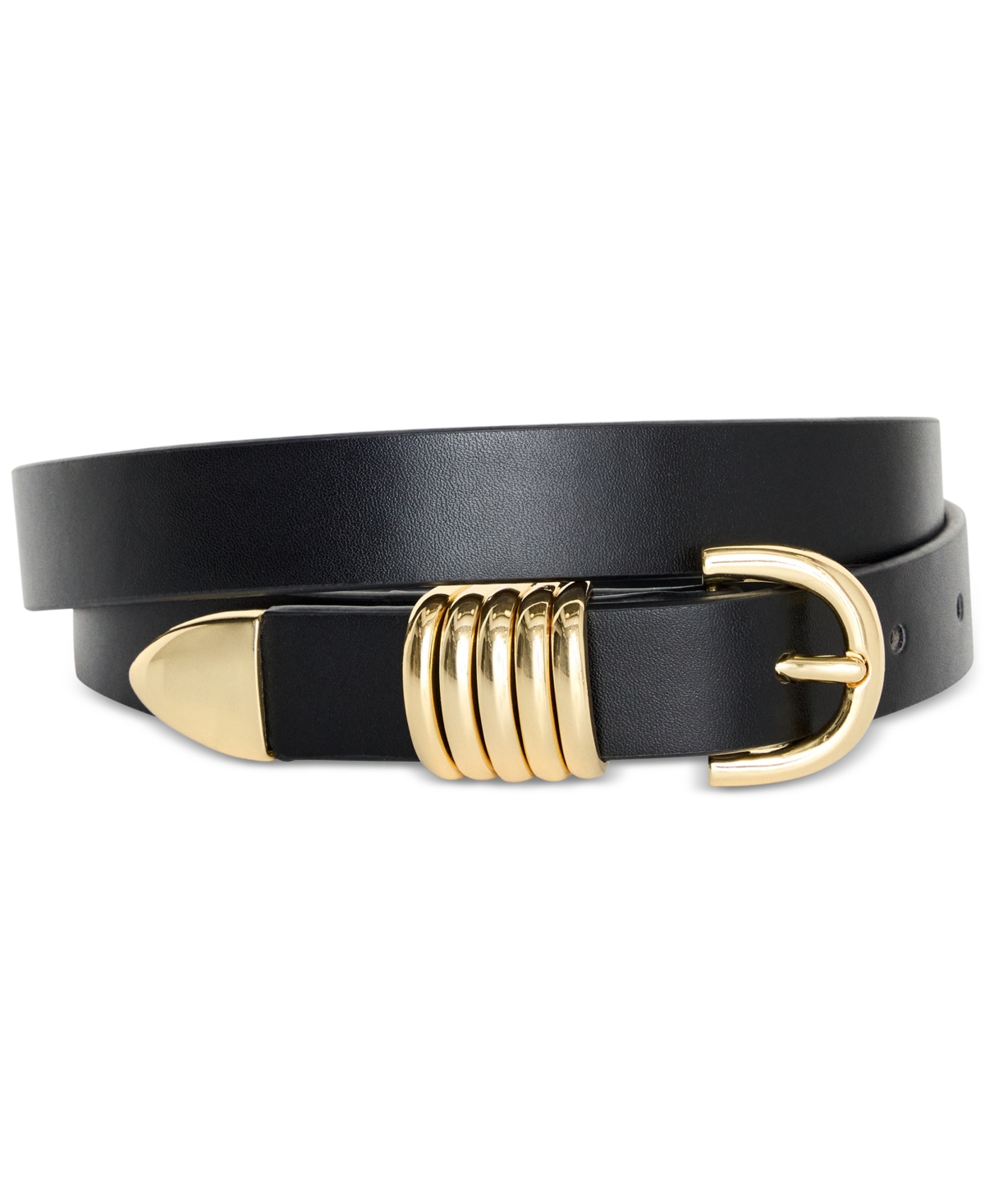 Women's Faux-Leather Slim Five-Ring Belt - Black