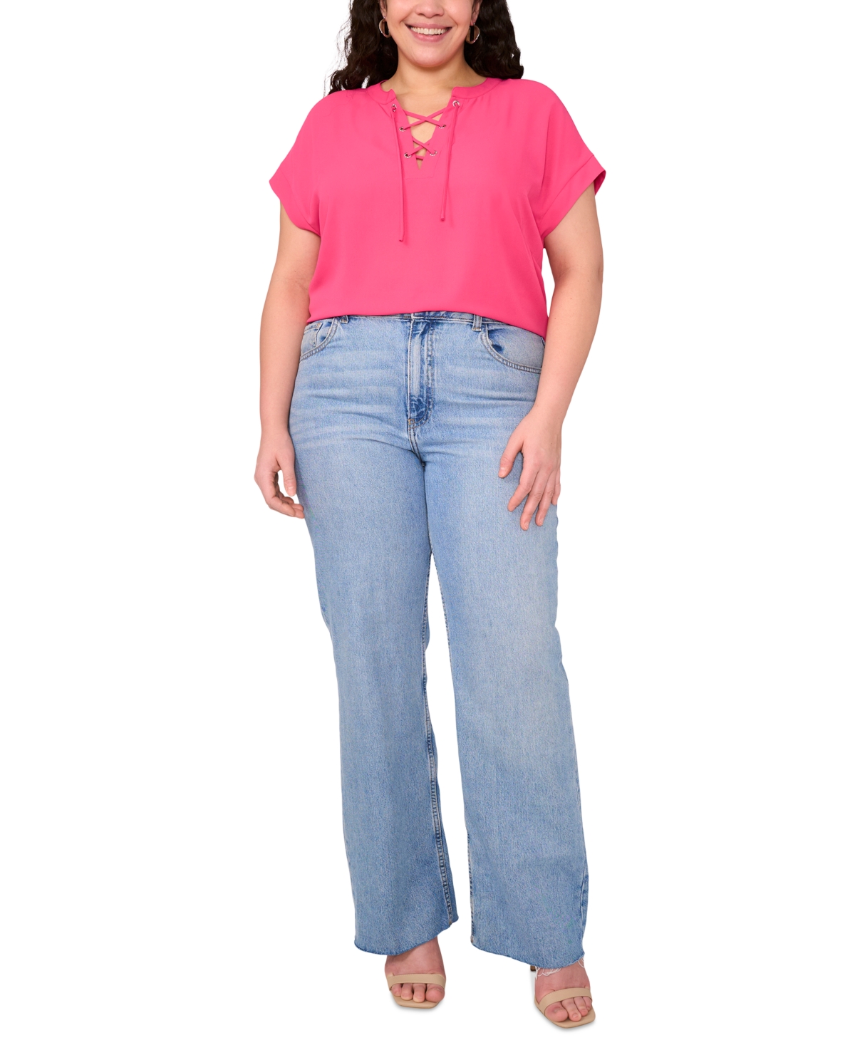 VINCE CAMUTO PLUS SIZE LACE-UP SHORT-SLEEVE TOP 