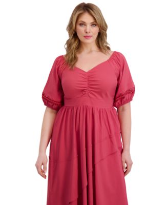 Plus Size Puff-Sleeve Asymmetric-Hem Midi Dress