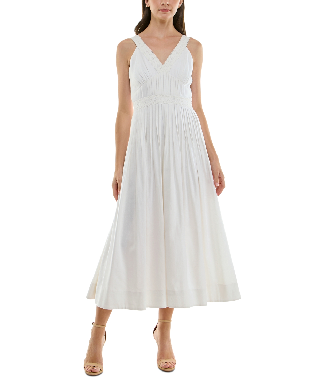 Taylor Women's V-neck Lace-trim Pleated A-line Dress