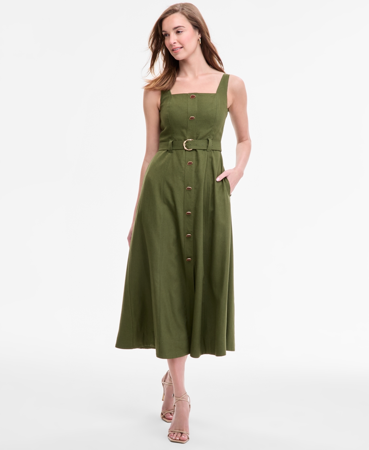 Women's Square-Neck Button-Front A-Line Dress - Fern