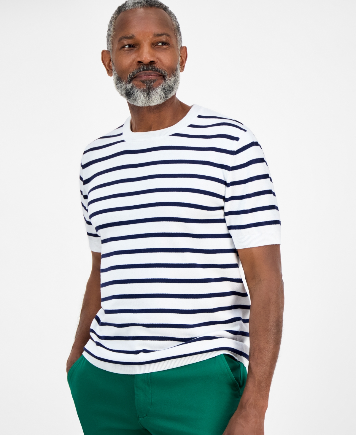 Men's Short-Sleeve Bengal Striped Cotton Sweater T-Shirt, Exclusively at Macy's - White
