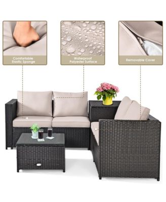 4PCS Outdoor Patio Rattan Furniture Set Cushioned Loveseat Storage Table