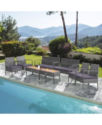 8PCS Patio Rattan Furniture Set Cushioned Chair Wooden Tabletop Gray