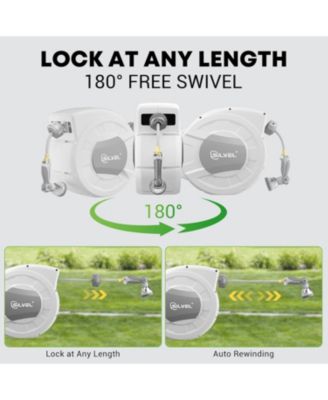 Retractable Garden Hose Reel, 1/2 in x 100 ft Wall Mounted Garden Hose Reel, with 10 Pattern Nozzle, Any Length Lock, Slow Return System, 180°Swivel Bracket