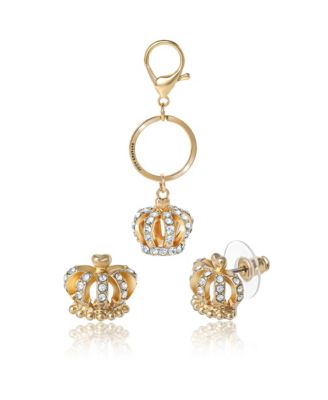 Gold-Tone Crystal Crown Keychain & Earring Set