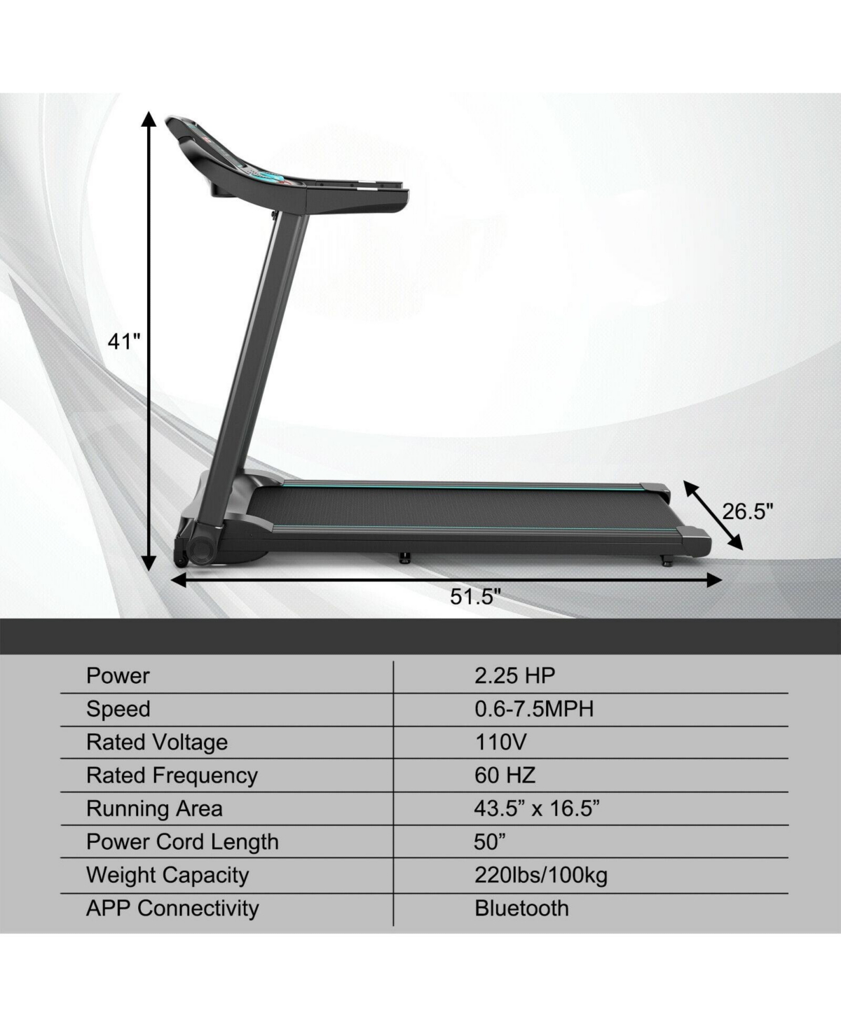 2.25HP Electric Running Machine Treadmill with Speaker and App Control