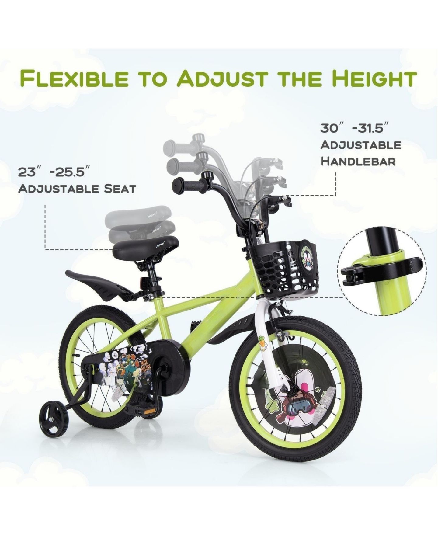 Детские игрушки HONGGE 16" Kids Bike Adjustable Detachable Training Wheels, Ages 4-8, цвет: Зелёный — фото 5